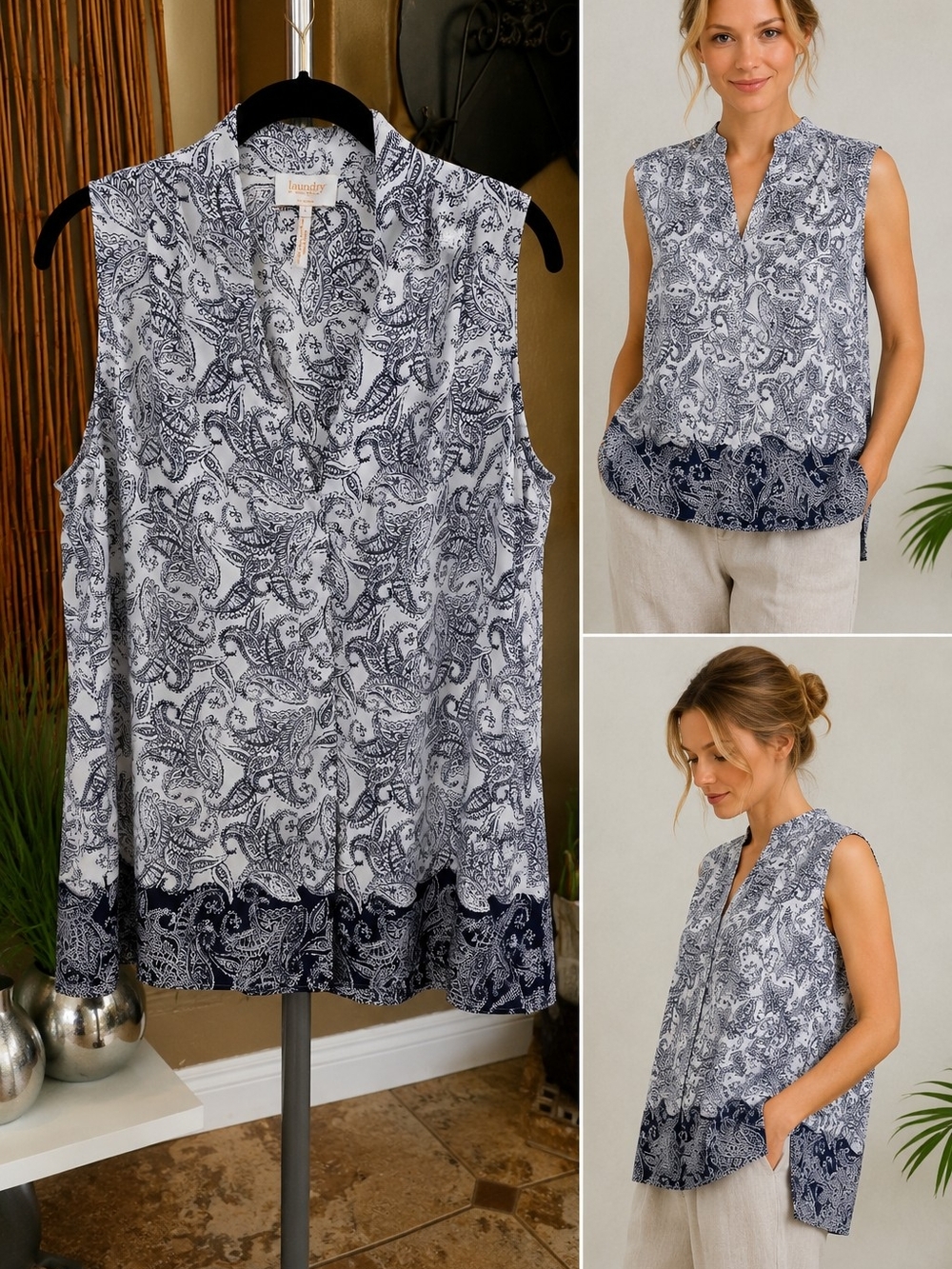 Laundry By Shelli Segal Navy and White Paisley Sleeveless V-Neck Top